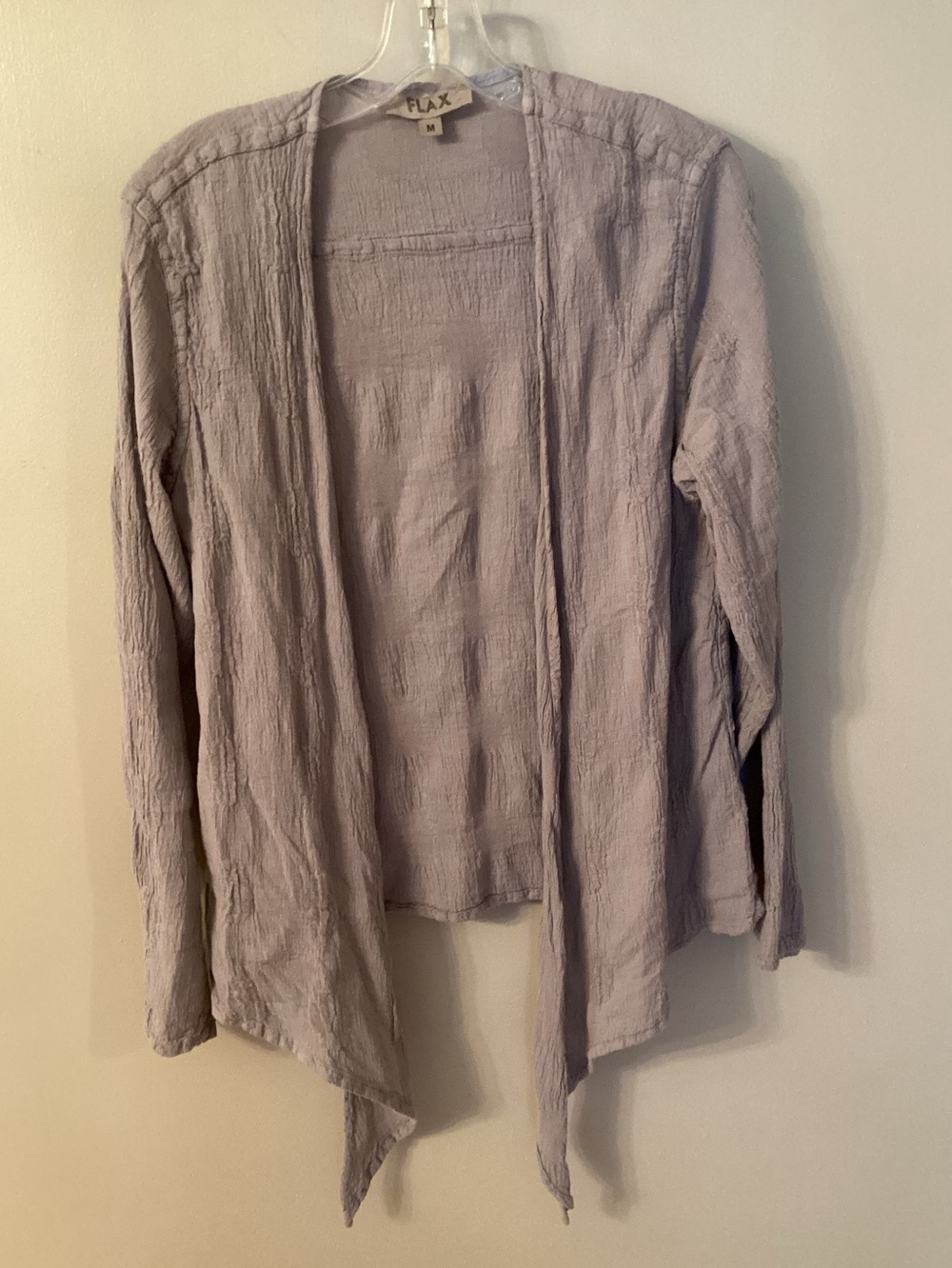 FLAX SIZE MEDIUM CRINKLED LINEN BLEND OPEN FRONT WATERFALL JACKET MUTED LAVENDER
